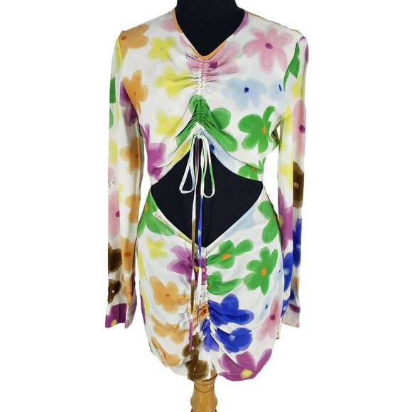 With Jean Hermana Dress Floral Daisy Viola Tricolor Cinched Top Cutout Mini 90s - Picture 15 of 15